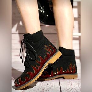 Black & Red Fire Flame Suede-Like Combat Boots. Rhinestone Embellished Flames